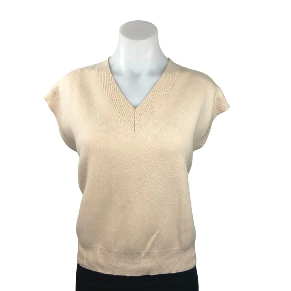 Zara Cream Knitted V-Neck Sleeveless Boxy Preppy Pullover Sweater Vest Top Sz M